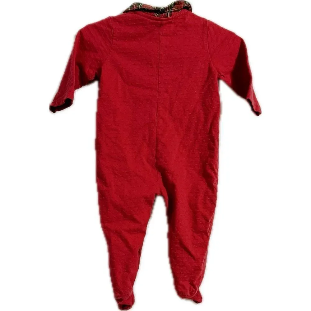 Cozy Red Footie One Piece with‎ Plaid Collar